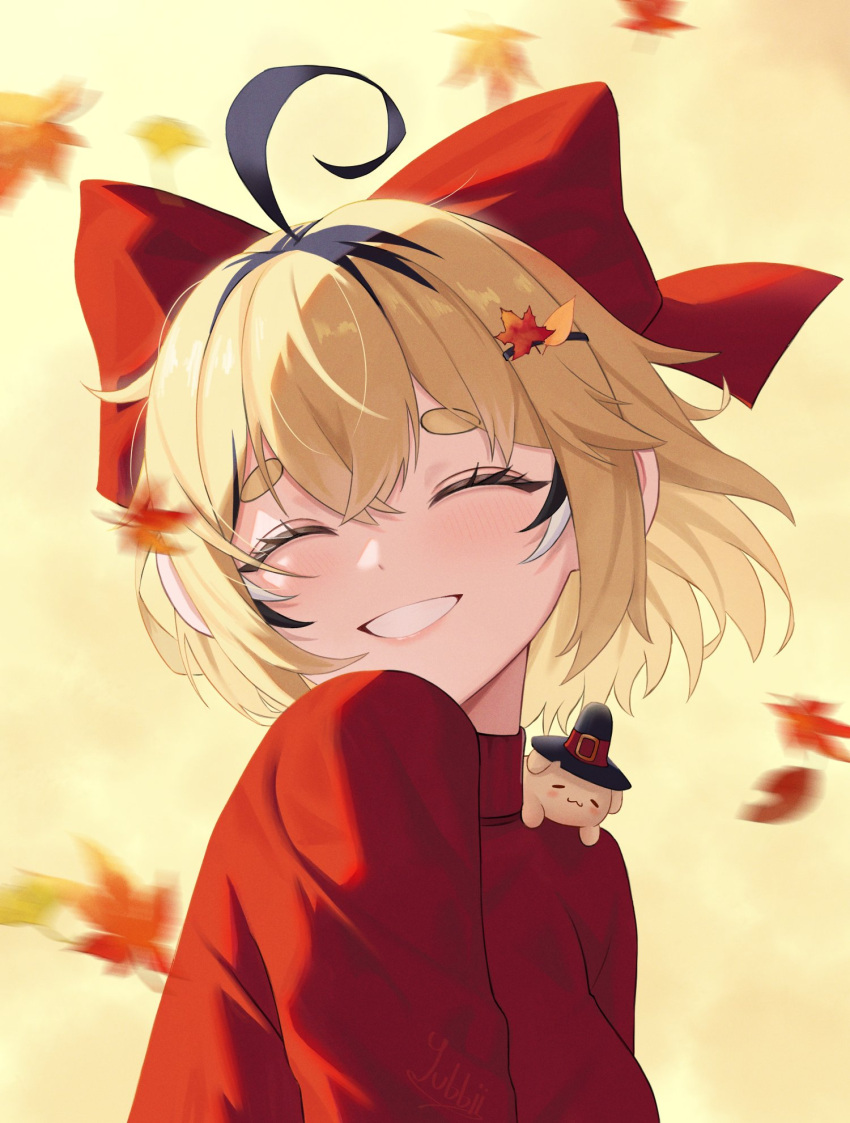 :3, ahoge, animal_on_shoulder, autumn_leaves, blonde_hair, bow, bubbles_(dooby), closed_eyes, dog, dooby_(vtuber), falling_leaves, hair_bow, hair_ornament, hair_ribbon, hairclip, hat, highres, indie_virtual_youtuber, leaf, multicolored_hair, red_sweater, ribbon, short_hair, smile, solo, sweater, teeth, thick_eyebrows, turtleneck, turtleneck_sweater, wind, witch_hat, yubbiidraw