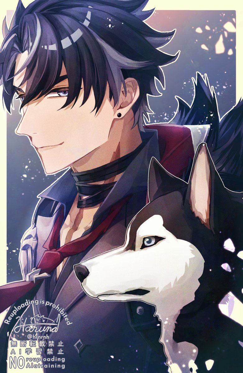1boy, artist_name, bandaged_neck, bandages, black_hair, black_shirt, blue_eyes, border, buttons, closed_mouth, coat, coat_on_shoulders, collared_shirt, commentary_request, dog, earrings, fur-trimmed_coat, fur_trim, genshin_impact, grey_background, grey_hair, grey_vest, hair_between_eyes, haruna_(hrnrnh), highres, husky, jewelry, lapels, looking_at_viewer, looking_to_the_side, male_focus, multicolored_hair, necktie, outside_border, parted_bangs, red_necktie, scar, scar_on_neck, shirt, short_hair, signature, simple_background, smile, solo, streaked_hair, stud_earrings, twitter_username, upper_body, v-shaped_eyebrows, vest, watermark, wriothesley_(genshin_impact), yellow_border