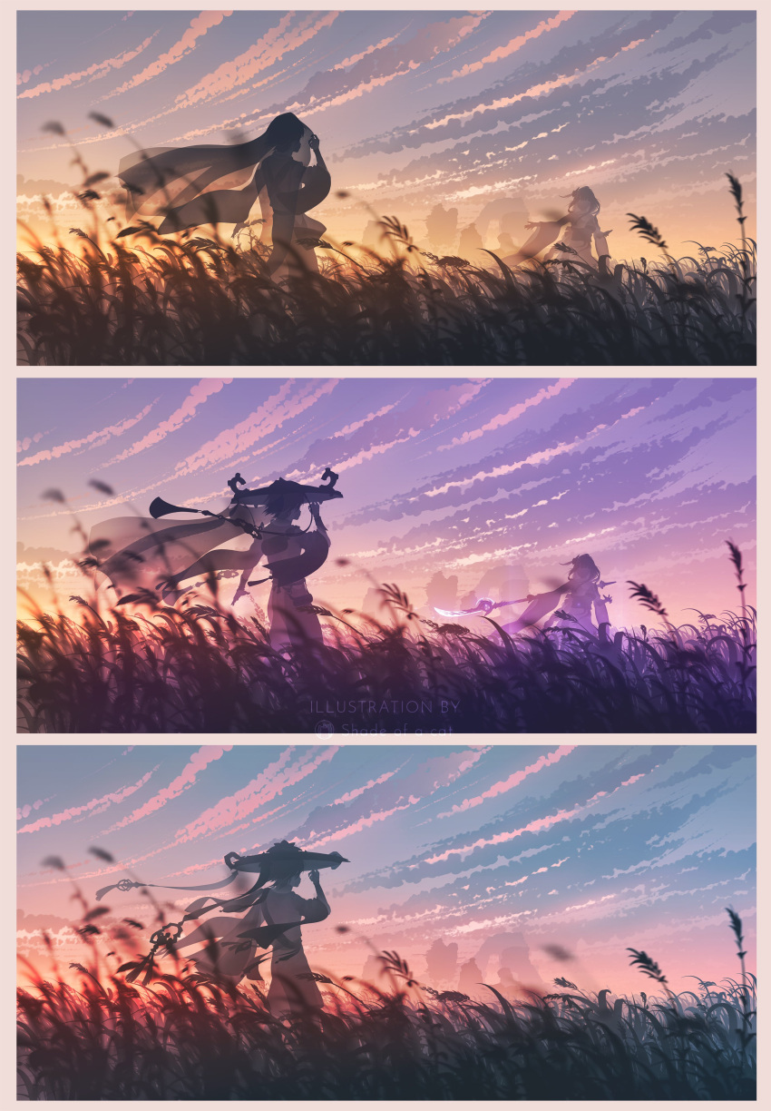 1boy, 1girl, absurdres, bag, blue_sky, blunt_bangs, border, cape