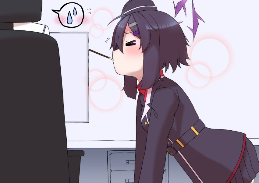 >_<, 05_eyes_x, 1girl, 1other, absurdres, belt, black_belt, black_hair, black_hat, black_jacket, black_skirt, blue_archive, chair, flying_sweatdrops, food, food_in_mouth, from_side, hair_ornament, hairclip, halo, haruka_(blue_archive), hat, highres, jacket, leaning_forward, light_blush, pocky, pocky_in_mouth, purple_halo, skirt, solo_focus, spoken_sweatdrop, sweatdrop