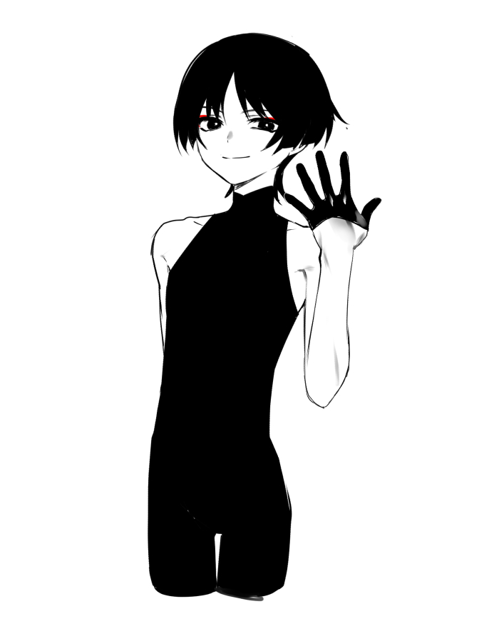 1boy, arm_behind_back, blunt_ends, bodysuit, bright_pupils, closed_mouth, cropped_legs, eyeliner