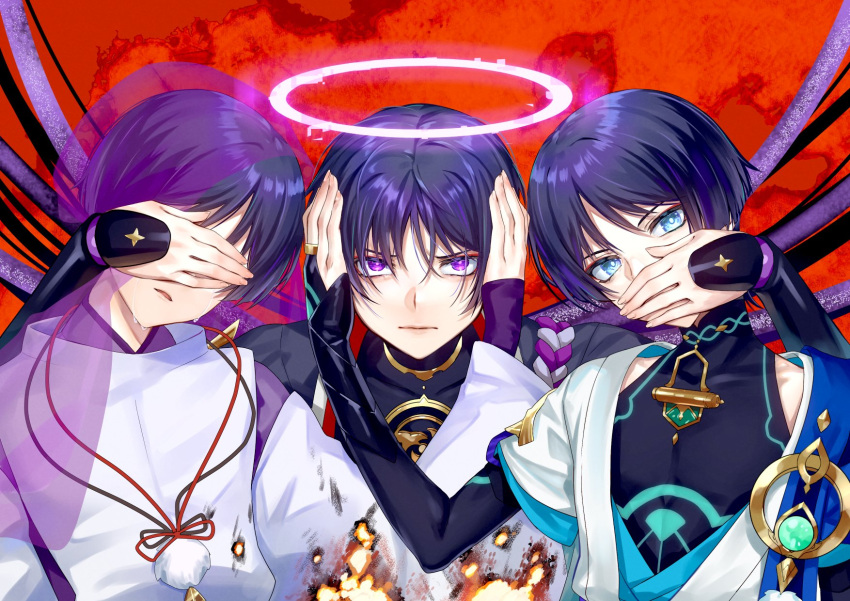 3boys, anemo_symbol_(genshin_impact), armor, black_bridal_gauntlets, black_kimono, blue_cape, blue_eyes, blue_kimono