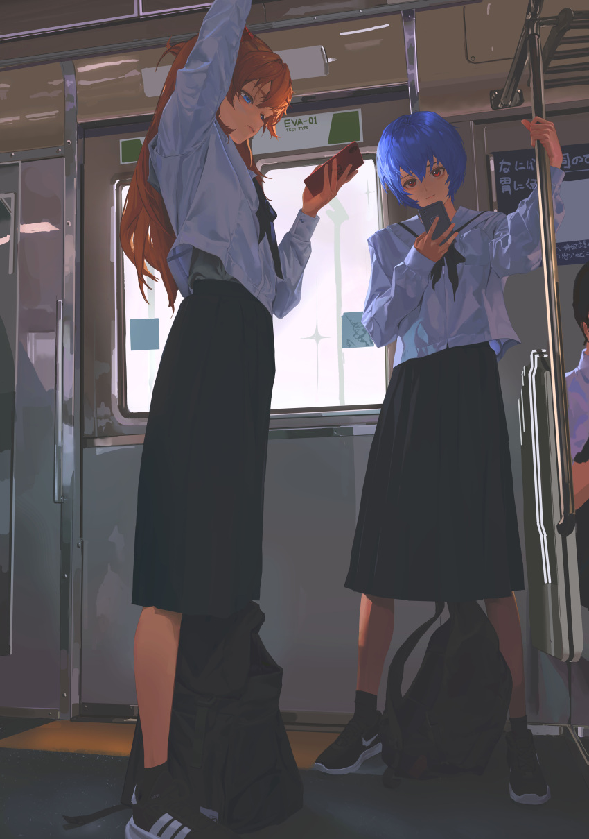 1boy, 2girls, absurdres, ayanami_rei, black_footwear, black_neckerchief, black_skirt, blue_eyes, blue_hair, hair_between_eyes, highres, holding, holding_phone, long_hair, long_skirt, multiple_girls, neckerchief, neon_genesis_evangelion, orange_hair, phone, pleated_skirt, red_eyes, shirt, short_hair, sitting, skirt, souryuu_asuka_langley, train_interior, white_shirt, zigou