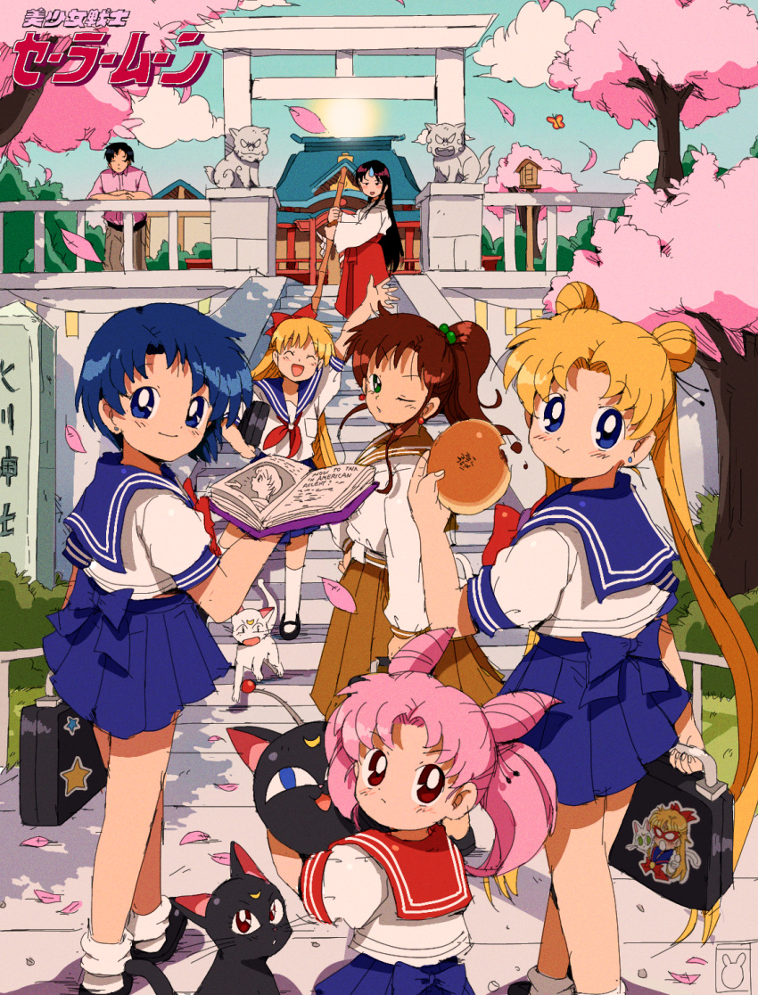 1boy, 6+girls, :d, :t, absurdres, aino_minako, animal, arm_up, artemis_(sailor_moon), back_bow, bendedede, bishoujo_senshi_sailor_moon, bishoujo_senshi_sailor_moon_r, black_cat, black_footwear, black_hair, blonde_hair, blue_bow, blue_eyes, blue_hair, blue_sailor_collar, blue_skirt, blush, book, bow, briefcase, brown_hair, brown_pants, brown_sailor_collar, brown_skirt, cat, cherry_blossoms, chiba_mamoru, chibi_usa, closed_eyes, closed_mouth, clouds, collared_shirt, cone_hair_bun, copyright_name, crescent, crescent_facial_mark, day, double_bun, earrings, eating, english_text, facial_mark, falling_petals, food, forehead_mark, frown, green_eyes, hair_bobbles, hair_bow, hair_bun, hair_ornament, hakama, happy, highres, hino_rei, holding, holding_book, holding_food, japanese_clothes, jewelry, juuban_elementary_school_uniform, juuban_middle_school_uniform, kino_makoto, kino_makoto's_school_uniform, logo, long_hair, long_sleeves, looking_at_viewer, luna-p, luna_(sailor_moon), miko, miniskirt, mizuno_ami, multiple_girls, one_eye_closed, open_book, open_mouth, outdoors, pants, parted_bangs, petals, pink_hair, pink_shirt, pleated_skirt, ponytail, red_bow, red_eyes, red_hakama, red_sailor_collar, sailor_collar, sailor_v, school_briefcase, school_uniform, serafuku, shiba_koen_middle_school_uniform, shirt, shoes, short_hair, short_sleeves, shrine, skirt, smile, socks, stairs, standing, star_(symbol), stud_earrings, sun, sweatdrop, temple, tree, tsukino_usagi, twintails, waving, white_cat, white_socks