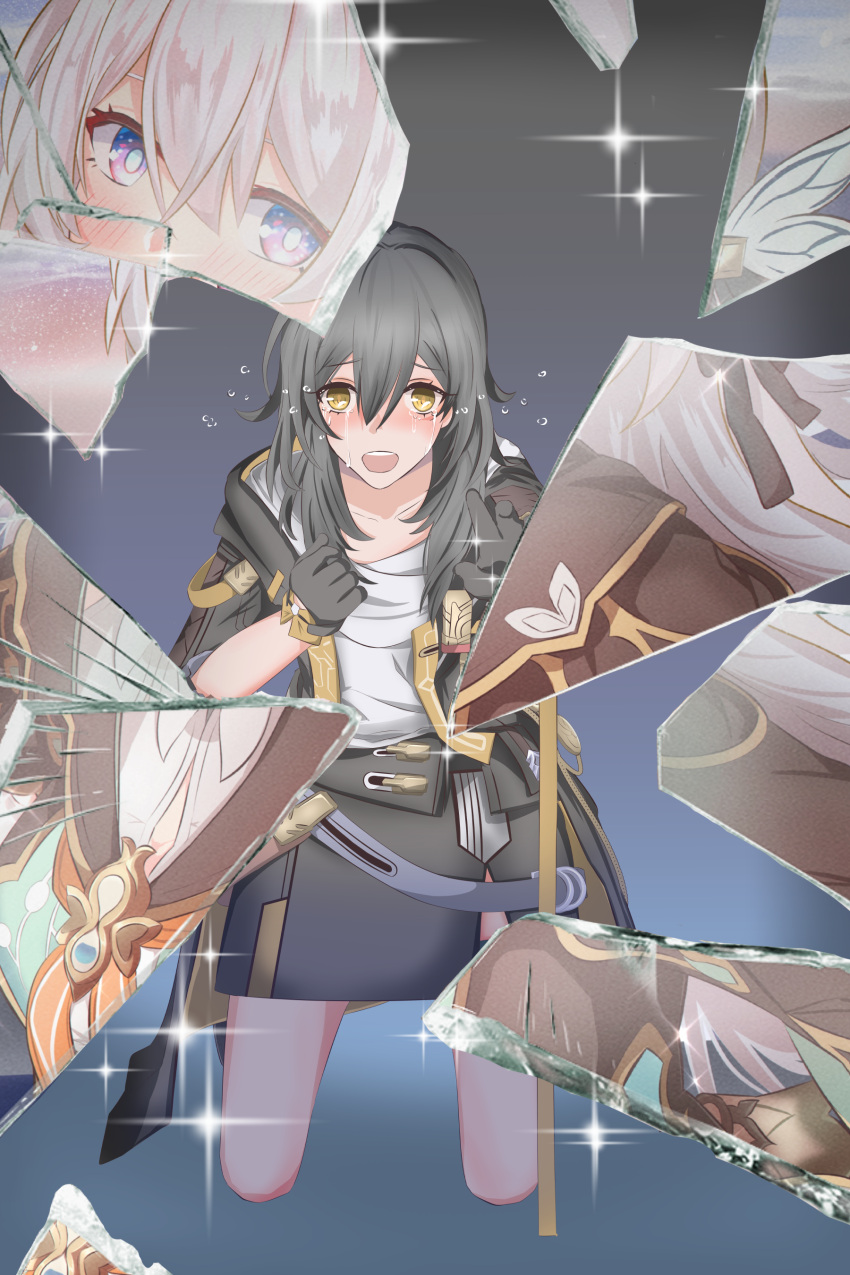 2girls, absurdres, black_gloves, black_jacket, black_skirt, crying, crying_with_eyes_open, erasumo3821, firefly_(honkai:_star_rail), glass_shards, gloves, grey_hair, hair_between_eyes, highres, honkai:_star_rail, honkai_(series), jacket, kneeling, long_hair, miniskirt, multiple_girls, open_clothes, open_jacket, open_mouth, shirt, skirt, stelle_(honkai:_star_rail), tears, trailblazer_(honkai:_star_rail), two-tone_eyes, white_shirt, yellow_eyes, yuri