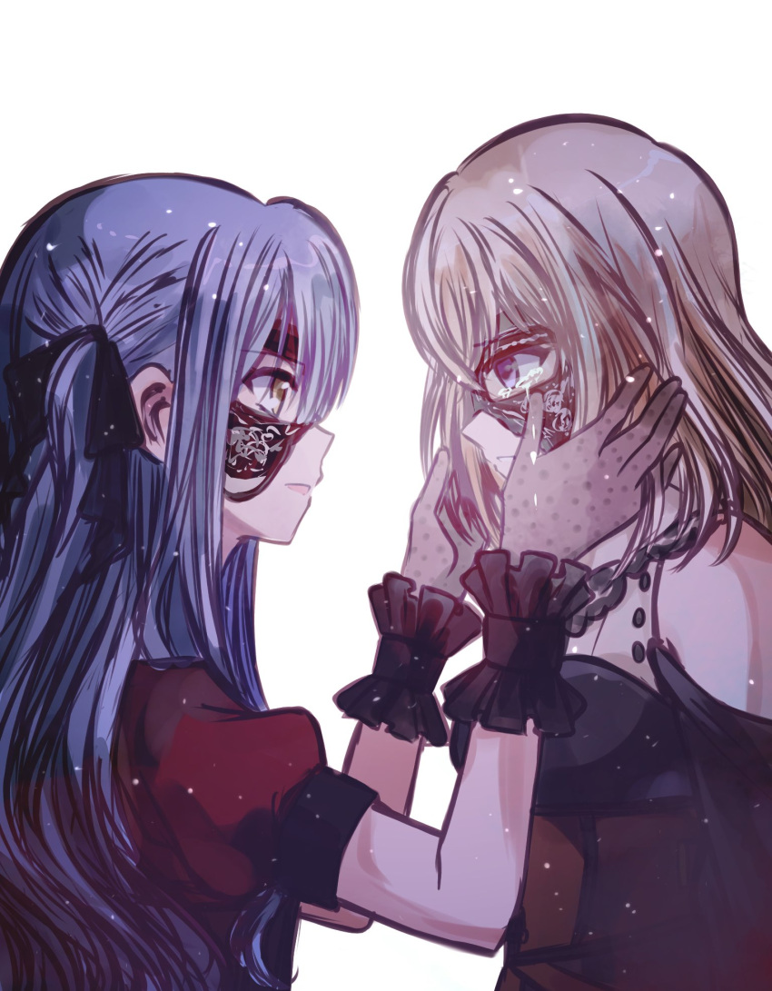 2girls, bang_dream!, bang_dream!_it's_mygo!!!!!, black_gloves, black_mask, black_ribbon, blonde_hair, blue_hair