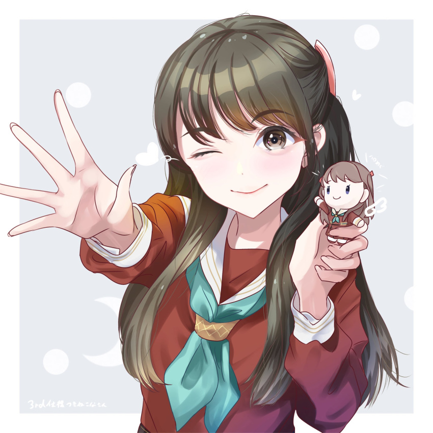 1girl, ;), aqua_neckerchief, border, brown_dress, brown_eyes, brown_hair, c:, character_doll, chibi, closed_mouth, commentary_request, doll, dotted_background, drawn_wings, dress, fujishima_megumi, grey_background, hair_over_shoulder, hasu_no_sora_school_uniform, heart, hellomegu!, highres, holding, holding_doll, link!_like!_love_live!, long_hair, long_sleeves, love_live!, neckerchief, one_eye_closed, open_hand, outside_border, sailor_collar, sailor_dress, sakari_(pear_8_ll), school_uniform, smile, solo, translation_request, tsukine_kona, two_side_up, upper_body, violet_eyes, virtual_youtuber, voice_actor, voice_actor_connection, white_border, white_sailor_collar, winter_uniform