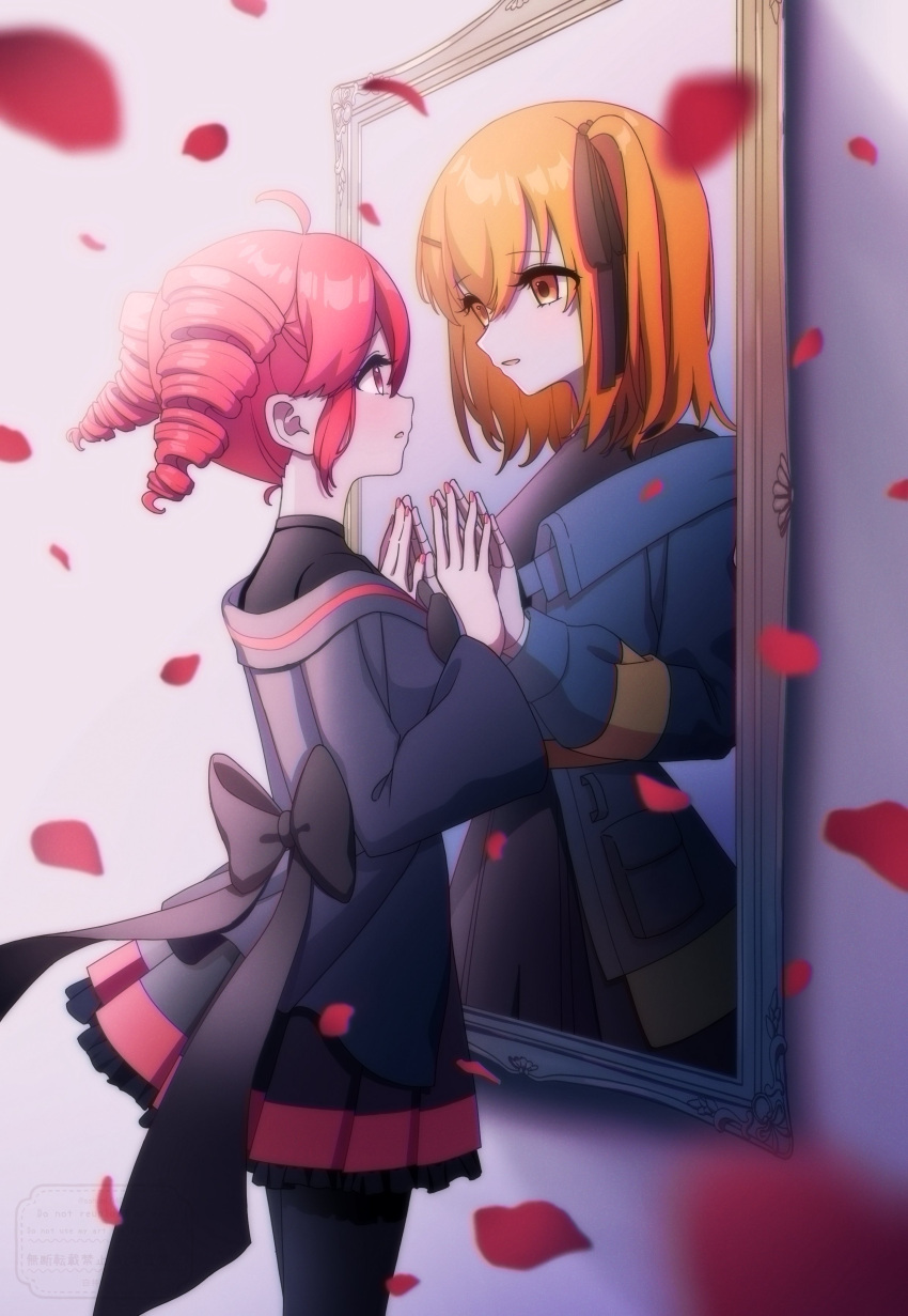2girls, a.i._voice, absurdres, adachi_rei, ahoge, back_bow, black_bow, black_coat, black_dress, black_pantyhose, black_ribbon, black_shirt, bow, coat, cowboy_shot, dress, drill_hair, falling_petals, grey_background, hair_between_eyes, hair_ribbon, highres, kasane_teto, looking_at_another, mu_(utau), multiple_girls, open_mouth, orange_eyes, orange_hair, pantyhose, petals, picture_frame, pleated_skirt, red_eyes, red_trim, redhead, ribbon, shirai_sahuni, shirt, simple_background, skirt, standing, twin_drills, utau