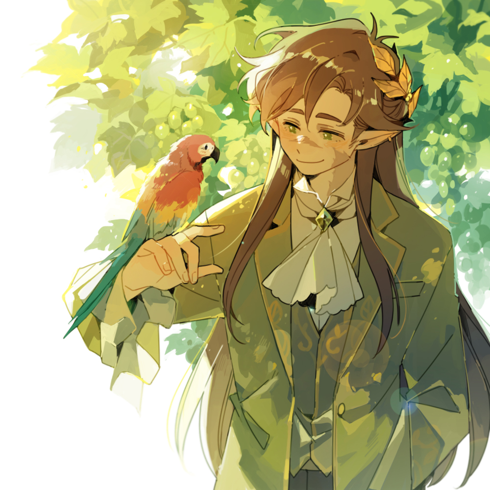 1boy, animal, animification, ascot, bird, bird_on_hand, bishounen, brown_hair, commentary, elf, english_commentary, goodtimeswithscar, goodtimeswithscar_(elvish), green_eyes, green_jacket, hermitcraft, jacket, laurel_crown, long_hair, long_sleeves, luminous_slime, macaw, male_focus, minecraft_youtube, official_alternate_costume, official_alternate_hairstyle, outdoors, parrot, pointy_ears, scar, scarlet_macaw, shirt, smile, solo, white_ascot
