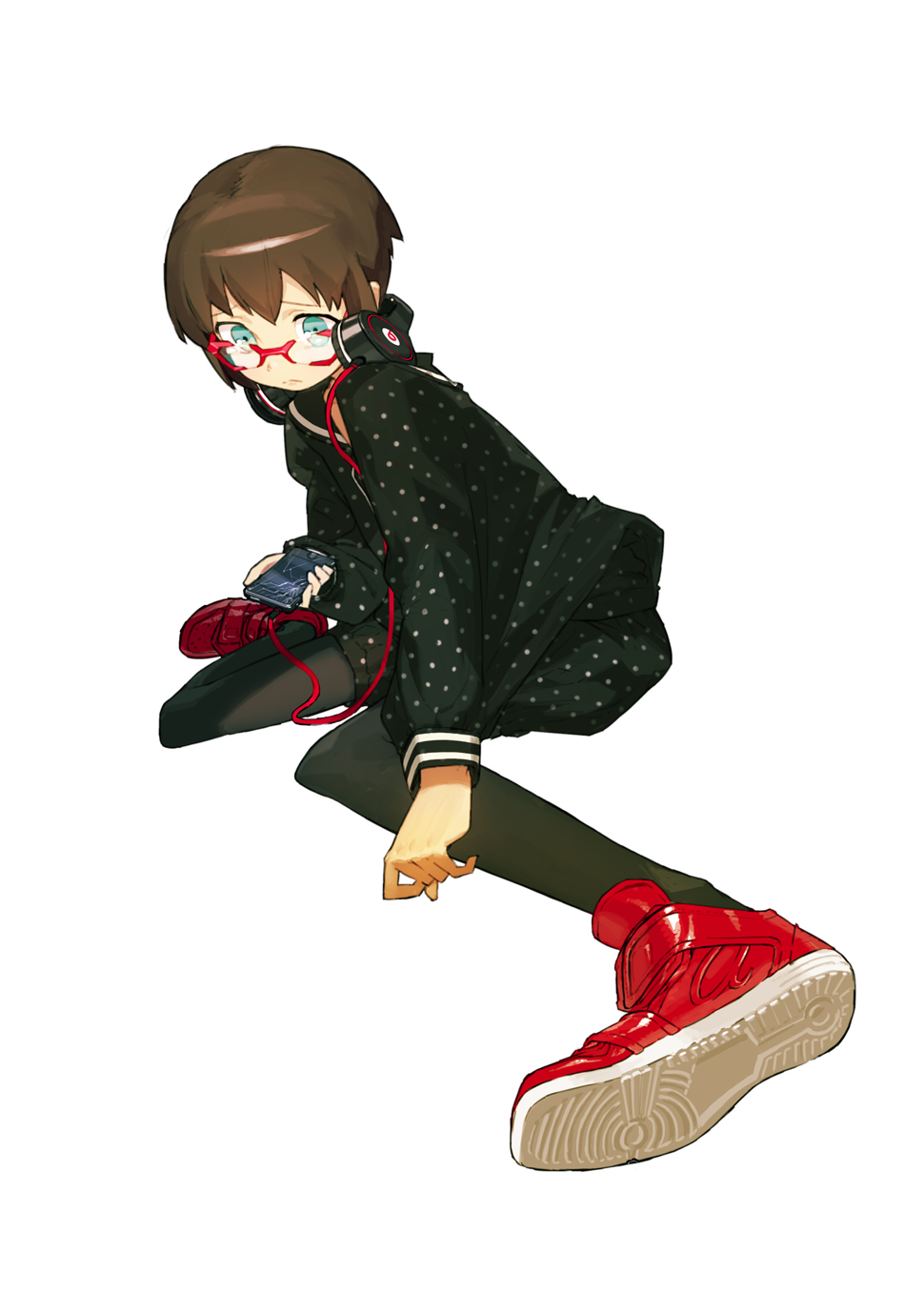 bad_id, blue_eyes, broken, brown_hair, frown, glasses, headphones, highres