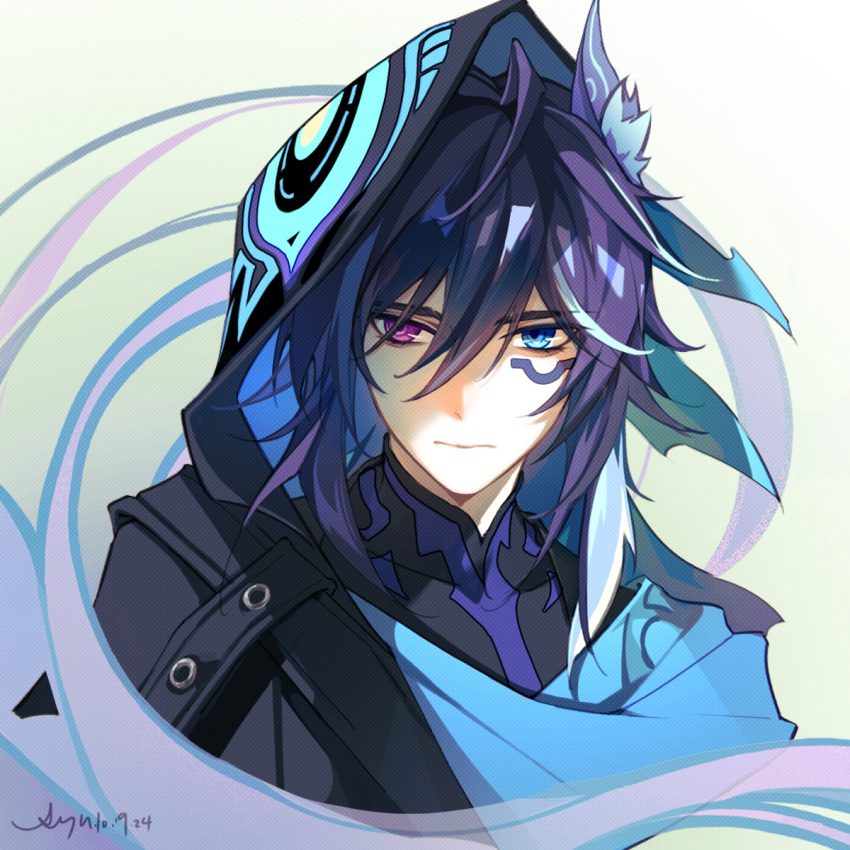 1boy, animal_ear_fluff, animal_ears, artist_name, bat_ears, black_jacket, black_shirt, blue_eyes