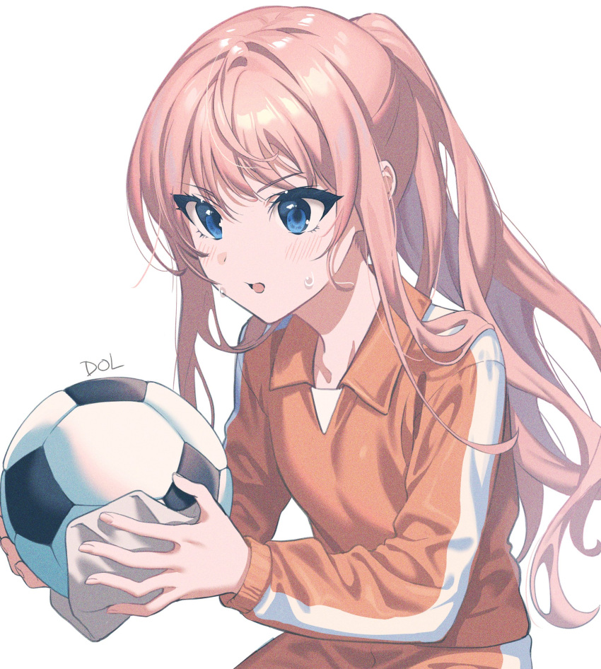 1girl, ball, blue_eyes, blush, dolustoy, highres, holding, holding_ball