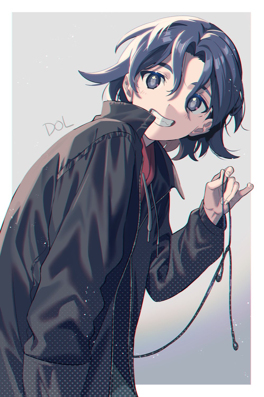 1boy, black_jacket, blue_eyes, blue_hair, dolustoy, drawstring, earphones, highres