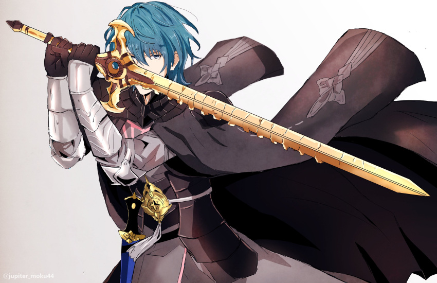 armor, armored_gloves, arms_up, black_armor, black_cape, black_gloves, black_shirt, blue_eyes