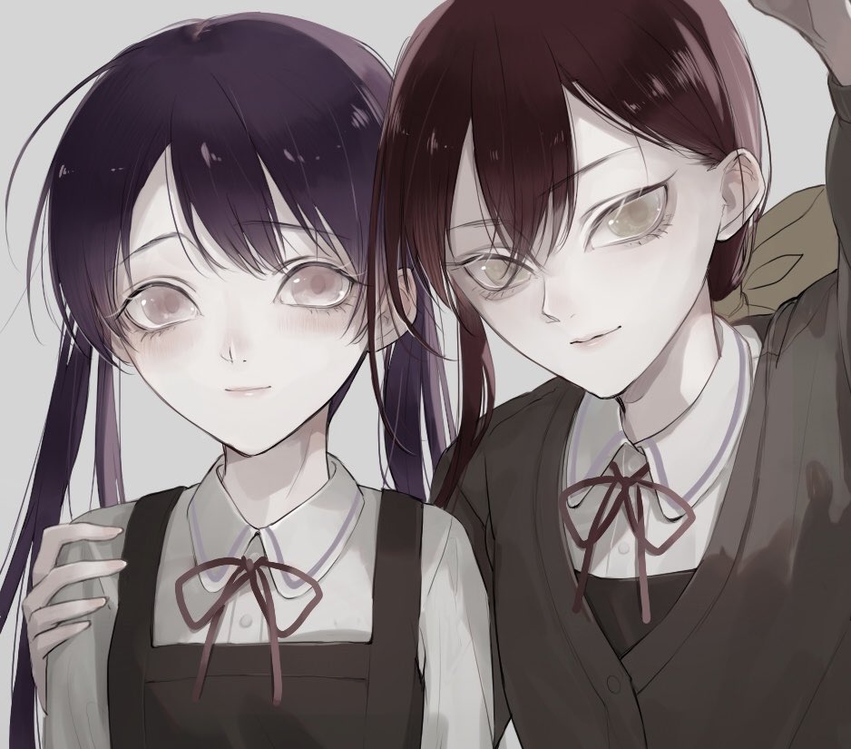 2girls, aikawa_ryo_(love_live!), blush, bow, brown_cardigan, cardigan, center-flap_bangs, closed_mouth