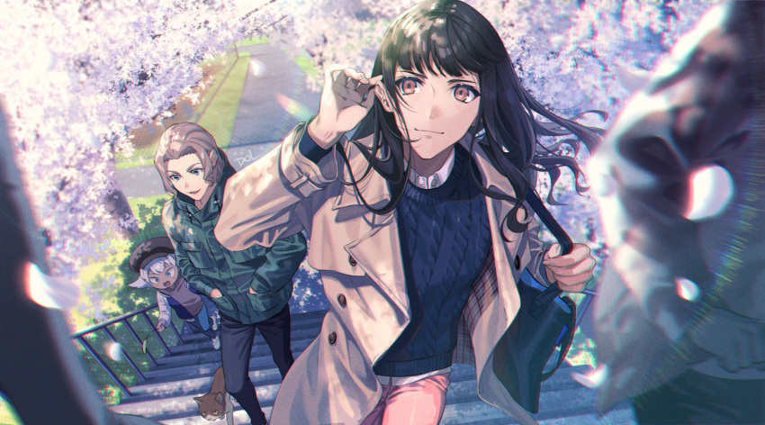 3boys, black_hair, black_pants, blonde_hair, blue_eyes, blue_pants, blue_sweater, brown_coat