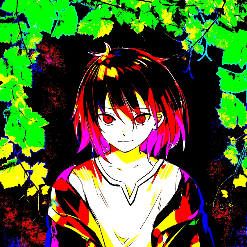 1boy, antesi, black_jacket, chinese_commentary, closed_mouth, collarbone, commentary_request, eyes_visible_through_hair, high_contrast, hood, hood_down, hooded_jacket, isoi_haruki, jacket, leaf, looking_at_viewer, male_focus, off_shoulder, open_clothes, open_jacket, red_eyes, saibou_shinkyoku, shirt, short_hair, smile, solo, upper_body, white_shirt