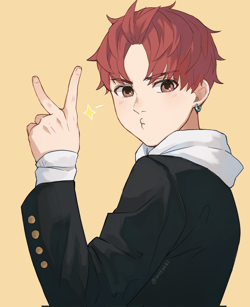 1boy, black_jacket, brown_eyes, closed_mouth, commentary_request, dandadan, earrings, from_side