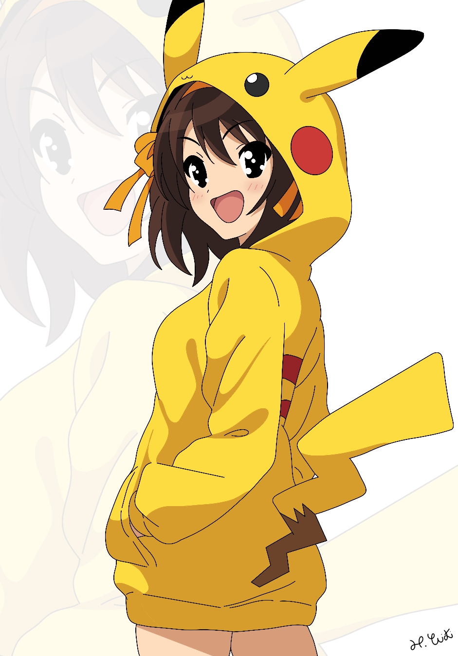1girl, :d, alternate_costume, animal_ears, black_eyes, blush, commentary, cosplay, english_commentary, hand_in_pocket, happy, highres, hood, hood_up, hoodie, long_sleeves, looking_to_the_side, open_mouth, pikachu, pikachu_(cosplay), pikachu_ears, pikachu_tail, pokemon, pokemon_tail, smile, solo, suzumiya_haruhi, suzumiya_haruhi_no_yuuutsu, tail, tongue, white_background, yellow_hoodie, yuiyu_ki, zoom_layer