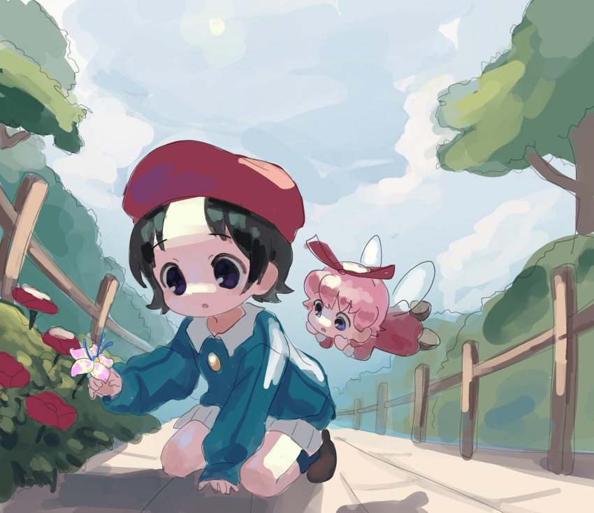 2girls, adeleine, beret, black_hair, blue_eyes, blue_sky, clouds, day