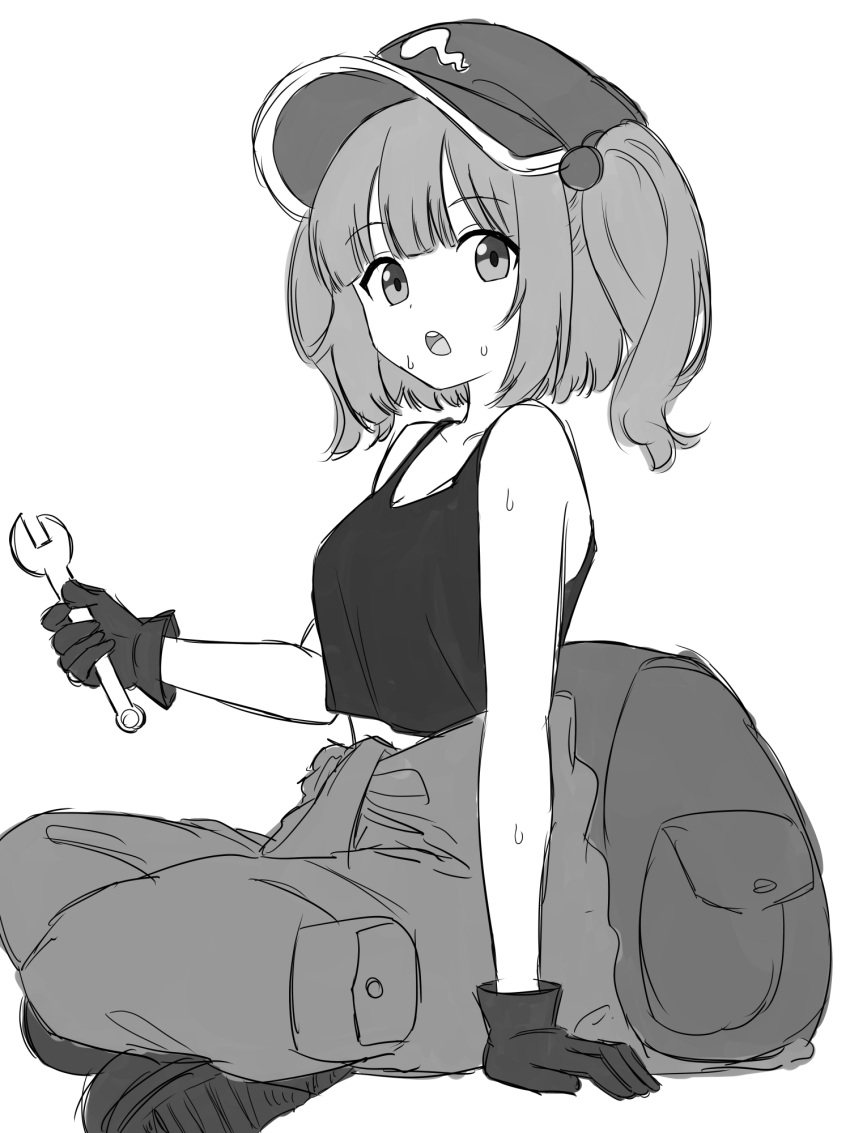 1girl, backpack, bag, commentary, flat_cap, gloves, greyscale, hair_bobbles