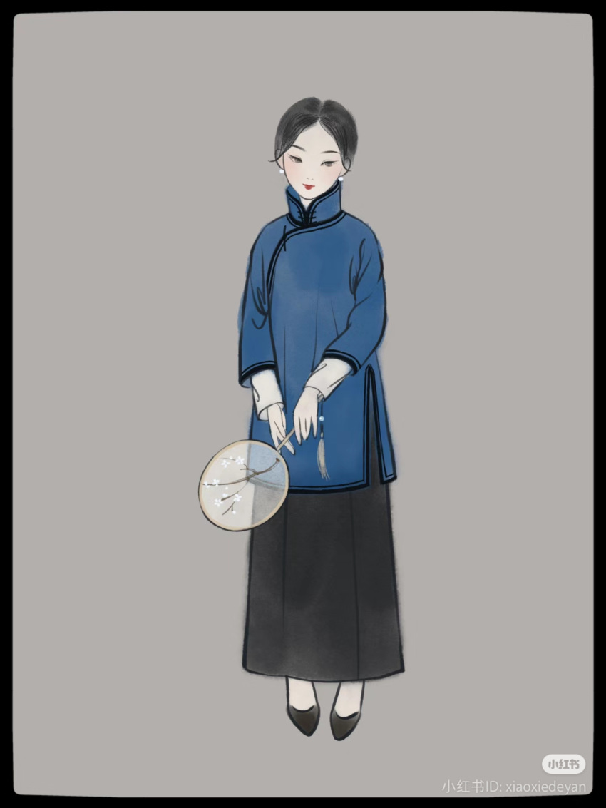 1girl, black_border, black_hair, black_skirt, blue_shirt, border, chinese_clothes, flats