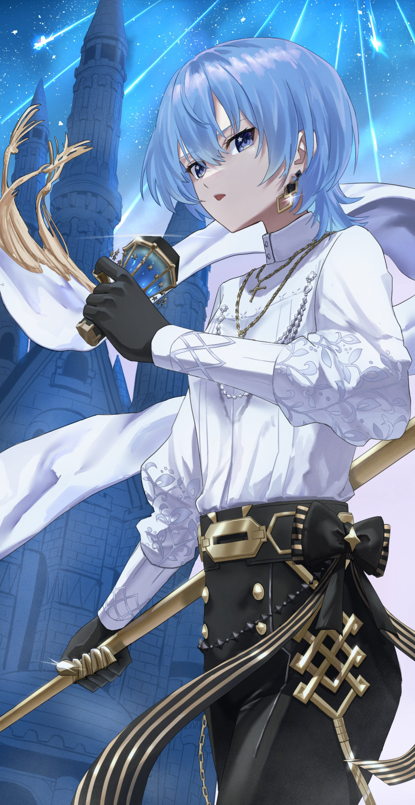 1girl, absurdres, black_pants, blue_eyes, blue_hair, bob_cut, bow, castle