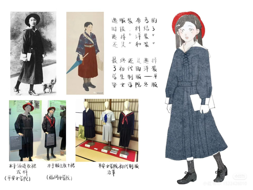 1920s_(style), blue_dress, chabuduo_de_le, chinese_text, dress, full_body, hat, highres