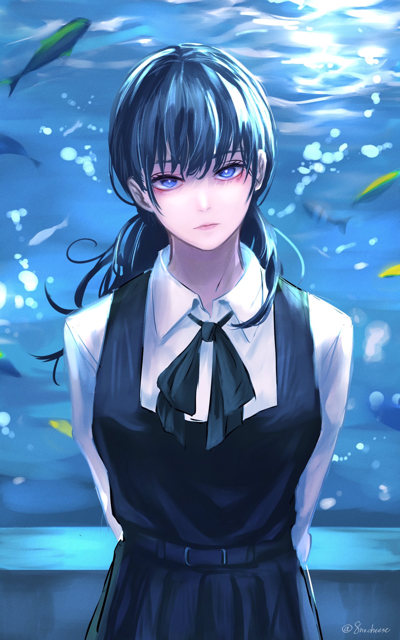 1girl, 8nocheese, aquarium, arms_behind_back, black_dress, black_hair, blue_eyes, chainsaw_man, closed_mouth, collared_shirt, dress, fish, fourth_east_high_school_uniform, highres, long_hair, looking_at_viewer, mitaka_asa, neck_ribbon, pinafore_dress, ribbon, school_uniform, shirt, sleeveless, sleeveless_dress, solo, white_shirt