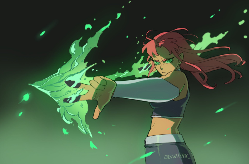 1girl, arrow_(projectile), artist_name, colored_sclera, dc_comics, english_commentary, fire, genniax