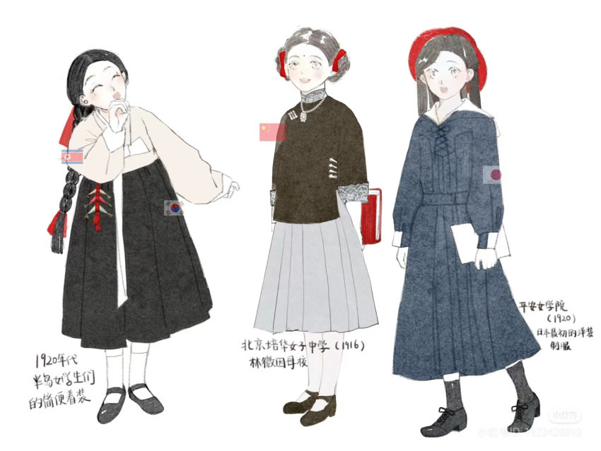 1920s_(style), 3girls, bad_source, black_hair, blue_dress, book, chabuduo_de_le, chinese_text