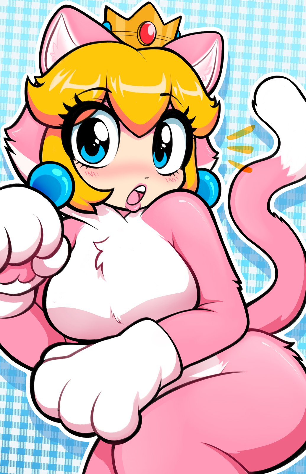 1girl, animal_costume, animal_ears, animal_hands, blonde_hair, blue_eyes, cat_costume, cat_ears