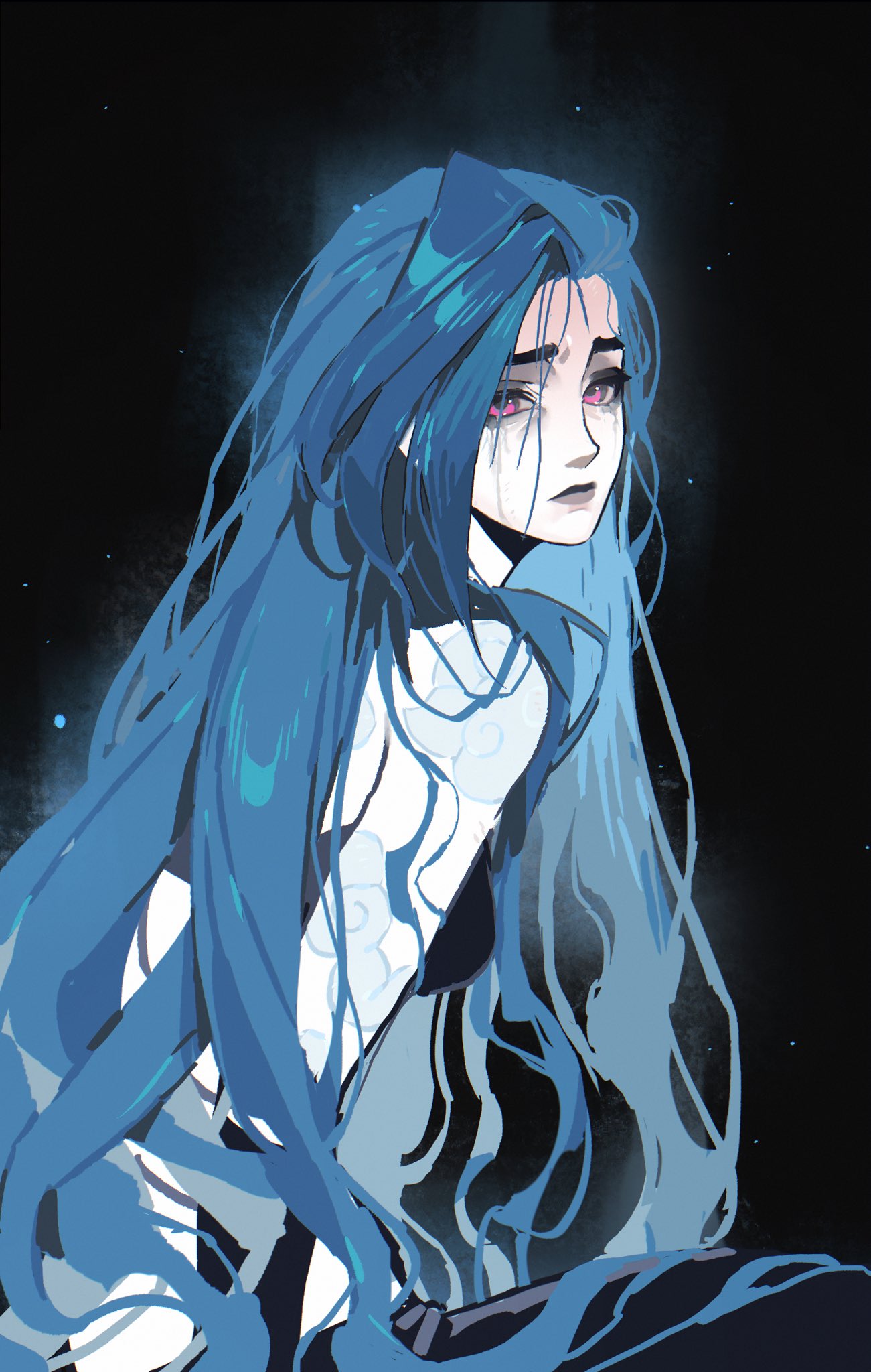 1girl, arcane:_league_of_legends, arm_tattoo, black_background, black_lips, blue_hair, closed_mouth, cloud_tattoo, commentary, english_commentary, from_behind, hair_down, highres, jinx_(league_of_legends), league_of_legends, long_hair, looking_at_viewer, looking_back, pink_eyes, shoulder_tattoo, solo, sumooo_(ga_ilil), swept_bangs, tattoo, very_long_hair