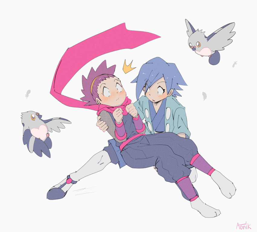 1boy, 1girl, aonik, blue_hair, blush, falkner_(pokemon), feathers, grey_background