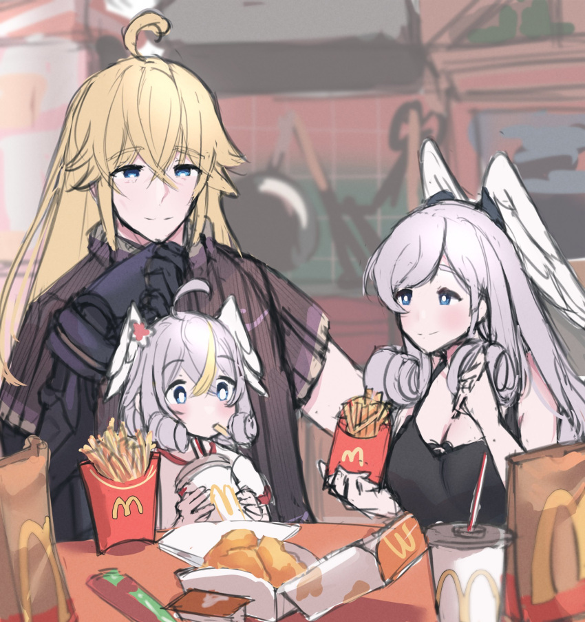 1boy, 1girl, blonde_hair, breasts, family, father_and_daughter, grey_hair, head_wings