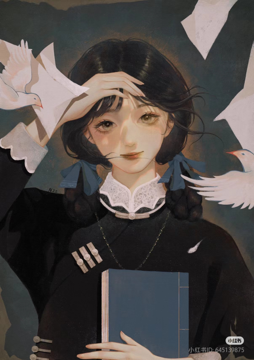 1girl, bad_source, bird, black_hair, black_shirt, book, braid, chinese_clothes, double_bun, dove, hair_bun, highres, holding, holding_book, looking_at_viewer, mandarin_collar, nan_zhi_zai_hua_hua, original, republic_of_china_school_uniform, school_uniform, shanghai_neckline, shirt, smile, solo, upper_body, xiaohongshu_watermark
