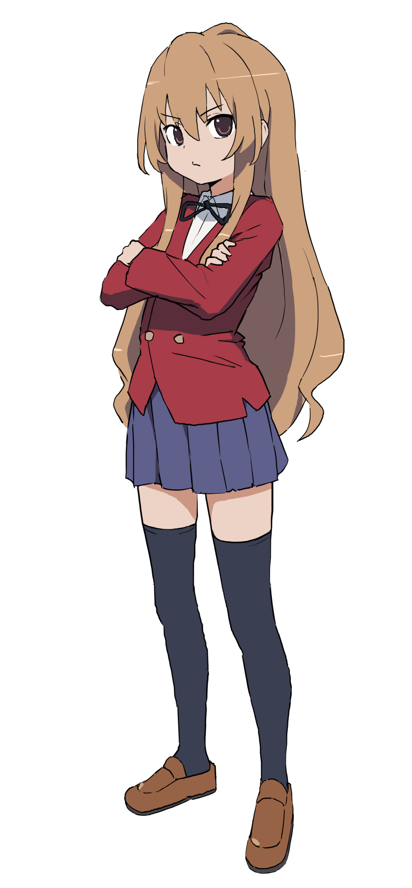 1girl, absurdres, aisaka_taiga, black_thighhighs, blazer, blue_skirt, brown_eyes, brown_footwear