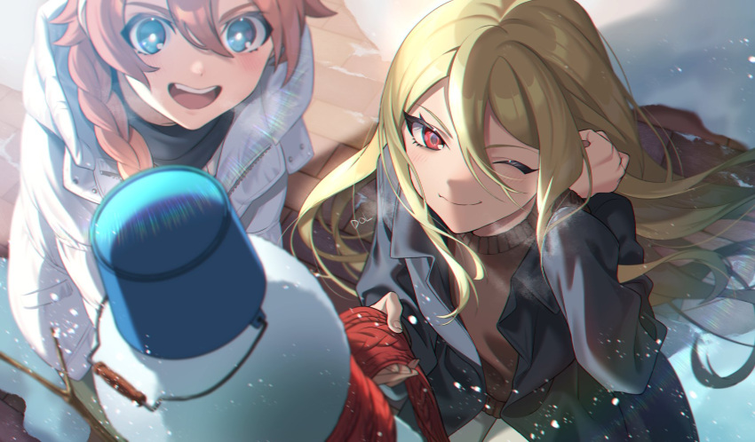 2boys, afuro_terumi, androgynous, black_jacket, blonde_hair, blue_eyes, braid, brown_sweater, bucket, dolustoy, heruse_arisu, highres, inazuma_eleven_(series), inazuma_eleven_ares_no_tenbin, jacket, long_hair, male_focus, multiple_boys, one_eye_closed, open_mouth, orange_hair, red_eyes, red_scarf, scarf, single_braid, snow, snowing, snowman, sweater, white_jacket