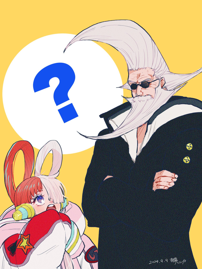 1boy, 1girl, ?, beard, black_suit, circle, commentary_request, crossed_arms, dated, eye_contact, facial_hair, figarland_garling, hair_over_one_eye, headphones, heart_blody, highres, hood, hooded_jacket, jacket, long_beard, looking_at_another, one_piece, open_mouth, redhead, suit, sunglasses, twintails, upper_body, uta_(one_piece), very_long_sleeves, white_hair, yellow_background