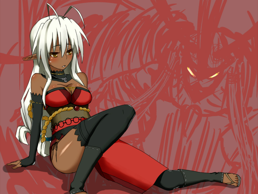 antenna_hair, bare_shoulders, blush, breasts, cleavage, dark_elf, dark_skin, elbow_gloves