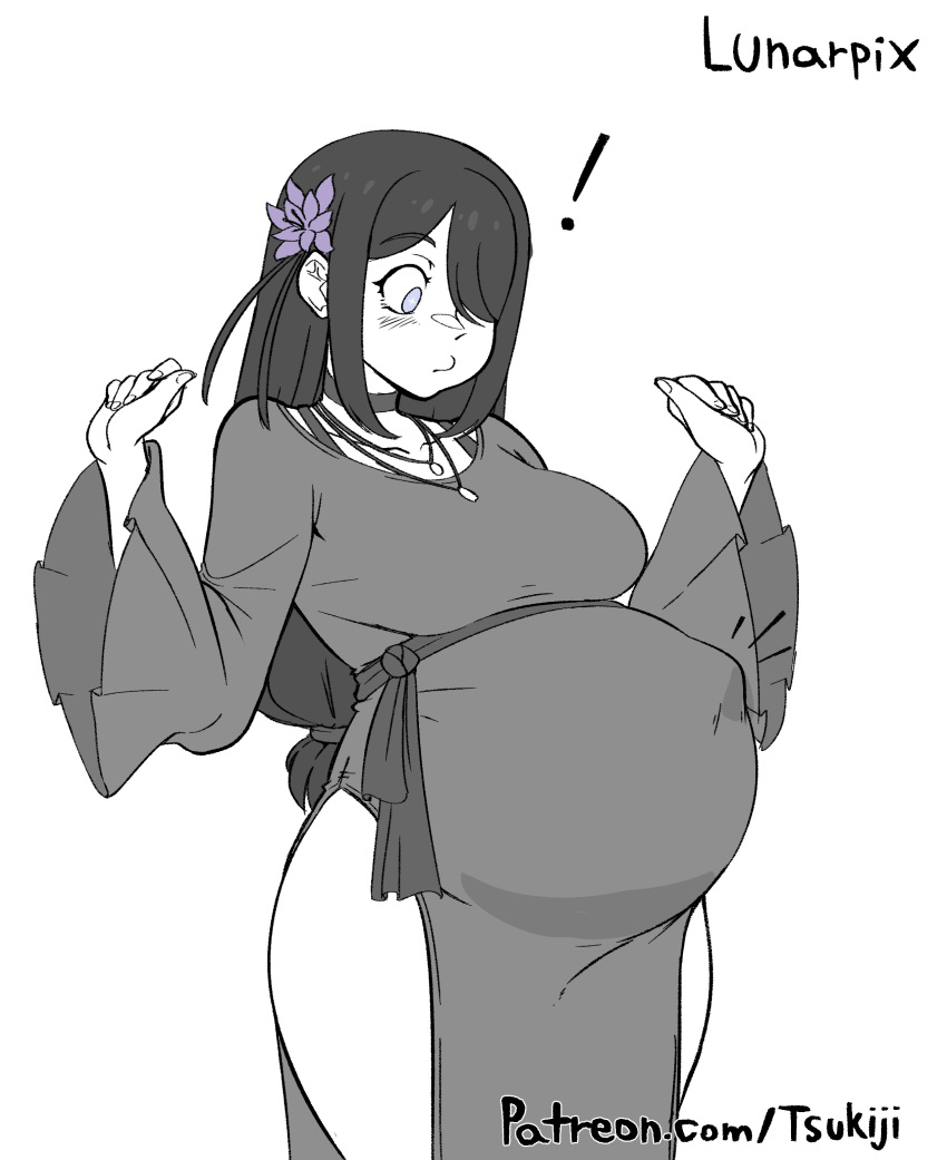 !, 1girl, absurdres, artist_name, belly, big_belly, breasts, commentary
