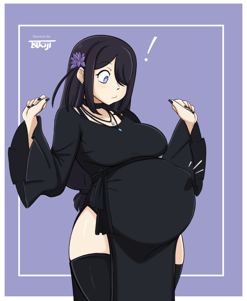 !, 1girl, absurdres, artist_name, bare_shoulders, belly, big_belly, black_hair