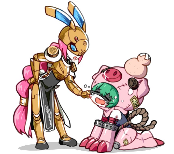 2girls, armor, black_dress, braid, chibi, cho-hakkaimon, closed_eyes, digimon, digimon_(creature), digua92537359, dress, gold_armor, green_hair, jougamon, long_hair, multiple_girls, pig, pink_hair, simple_background, single_braid, trait_connection, very_long_hair, white_background