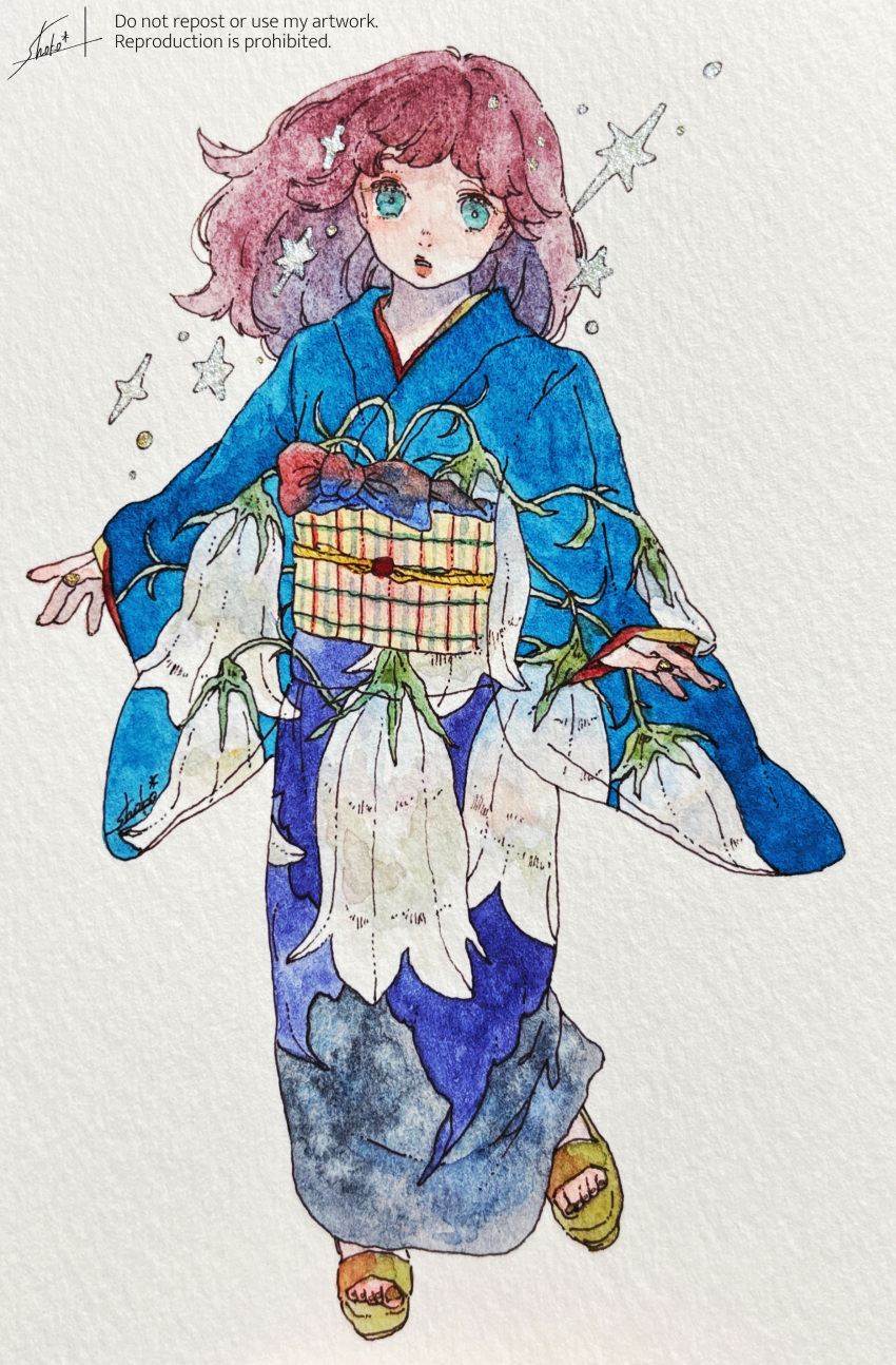 1girl, absurdres, aqua_eyes, bellflower, blue_kimono, floral_print, floral_print_kimono, flower, full_body, highres, japanese_clothes, kimono, long_hair, long_sleeves, obi, original, painting_(medium), pink_hair, sandals, sash, solo, traditional_media, tyokotippuaisu, watercolor_(medium), white_background, wide_sleeves