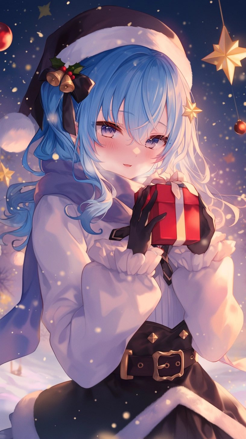 ai-generated, black_gloves, blue_hair, chikuwanorimaki, embarrassed, gift, gloves, hair_ornament