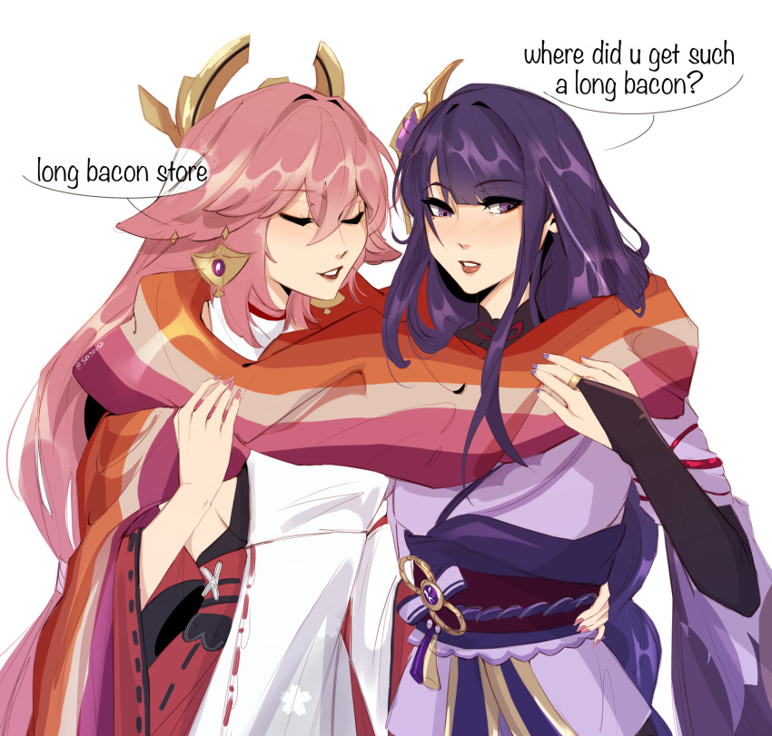 2girls, animal_ears, arm_around_waist, bridal_gauntlets, closed_eyes, commentary, droopy_ears, earrings