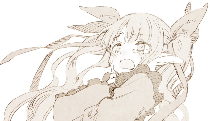 1girl, abara_heiki, blush, bow, crying, elf, hair_bow, japanese_clothes