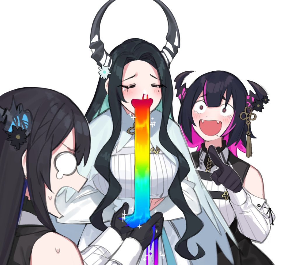 3girls, aradia_ravencroft, bare_shoulders, black_hair, breasts, colored_inner_hair, commentary, dasdokter, demon_horns, english_commentary, fangs, hololive, hololive_english, horns, long_hair, malpha_ravencroft, mole, multicolored_hair, multiple_girls, nerissa_ravencroft, open_mouth, siblings, sisters, very_long_hair, virtual_youtuber, vomit, vomiting, vomiting_rainbows