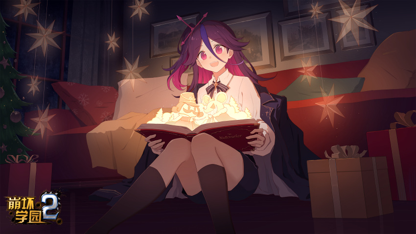 1girl, :d, benghuai_xueyuan, black_bow, black_bowtie, black_jacket, black_shorts, black_socks