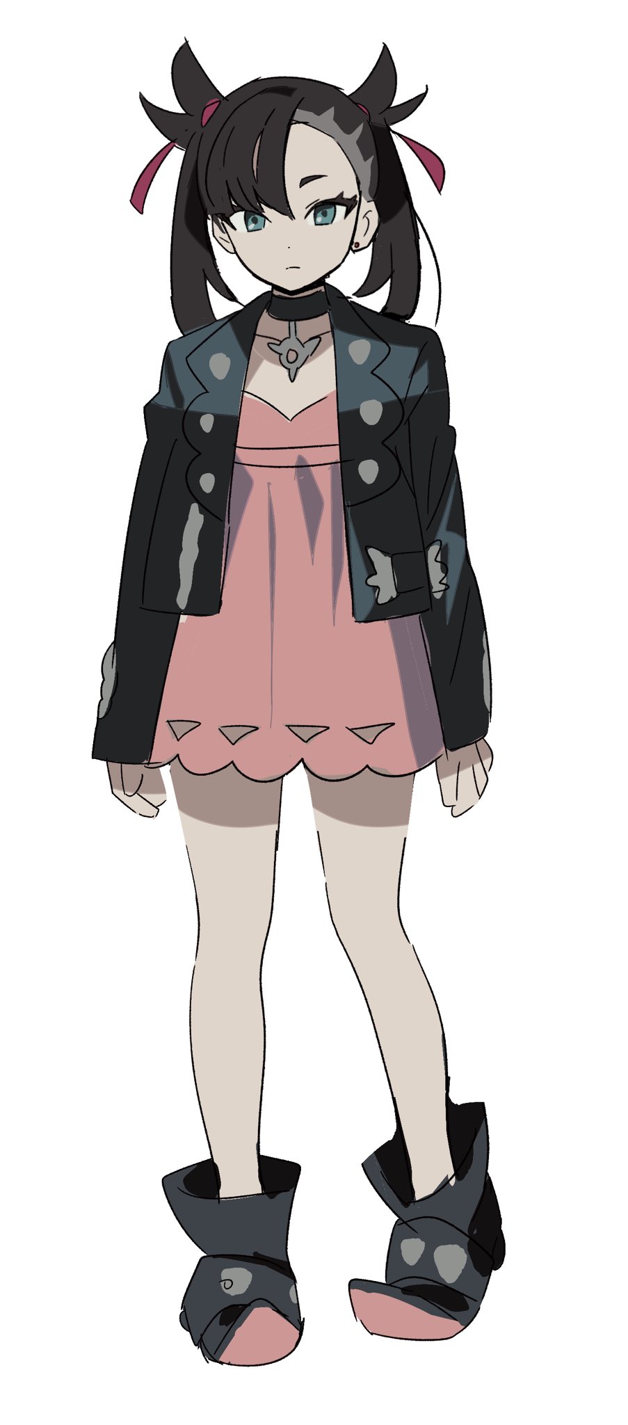1girl, :|, arms_at_sides, asymmetrical_bangs, betti_(xx_betti), black_collar, black_footwear, black_hair